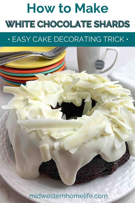 White chocolate shards are an easy-to-make cake decoration that will make your desserts look like they were decorated by a professional. All you need is white chocolate, parchment paper, a microwave, and a freezer and you’re ready to create your 3-dimensional masterpiece!#easycakedecorating #cakeideas #chocolateshards #storeboughtcakehack Old Fashioned Gingerbread Recipe, White Chocolate Shards, White Chocolate Cream Cheese Frosting, Gingerbread Bundt Cake, Chocolate Shards, White Chocolate Cream, White Chocolate Shavings, Vegan Ice Cream Recipe, Chocolate Cream Cheese Frosting