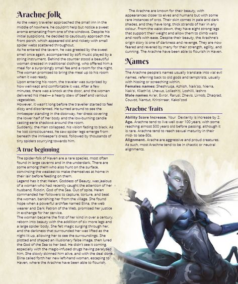 Exciting news, fellow D&D enthusiasts! A new homebrewed race has arrived – behold the Spiders, ready to weave their way into your game and dominate the battlefield! More unique races are in the works, but for now, indulge in the arachnid goodness I have prepared for you. Click the link below to explore these eight-legged warriors or join me on Discord to chat and learn more. Happy hunting, adventurers! Dnd Spider Race, Fictional Races, Dnd 5e Races, Homebrew Races, 5e Races, Dungeons And Dragons Races, Dnd Npc, D D Races, Dnd Stats