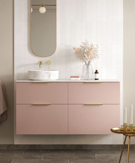 Bathrooms to Love Modern Glam Bathroom, Pink Bathroom Vanity, Paris Furniture, Pastel Bathroom, Bathroom Ideas Master, Pink Bathroom Furniture, Bathroom Cabinets Designs, Pink Vanity, Pink Furniture