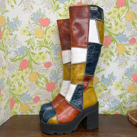 1970s Shoes, High Platform Boots, 90s Boots, Patchwork Boots, Knee High Platform Boots, Funky Shoes, Shoe Inspo, Hippie Outfits, Character Outfits