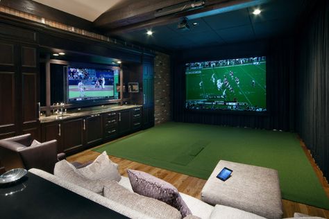 Golf Man Cave, Home Golf Simulator, Indoor Golf Simulator, Golf Simulator Room, Golf Room, Indoor Golf, Media Room Design, Golf Simulator, Ultimate Man Cave