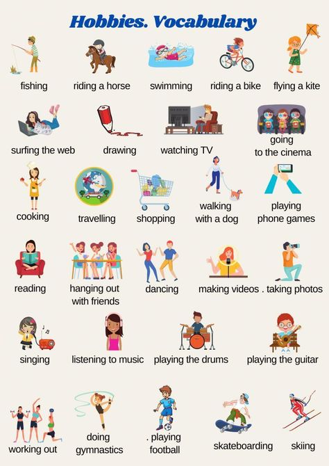 Hobbies. Vocabulary List What We Can Do In Free Time, Vocabulary For Grade 1, Hobbies Vocabulary English, What Can I Do In My Free Time, Hobbies Worksheet English, Hobbies Worksheet For Kids, My Hobby Worksheet, Hobbies Pictures, English Exercises For Kids