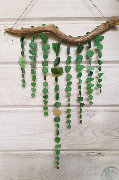 Sea Glass Hanging Decor, Sea Glass Creations, Seaglass Art Ideas, Boho Beach Bedroom, Sea Glass Sun Catcher, Driftwood Seahorse, Sea Glass Window, Sea Glass Diy, Seaglass Art