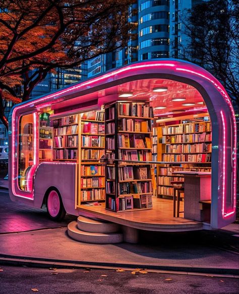 Book Bus, Book Truck, Book Arch, Bookstore Aesthetic, Lots Of Books, Old School Bus, Independent Bookstore, Mobile Library, Bookstore Cafe