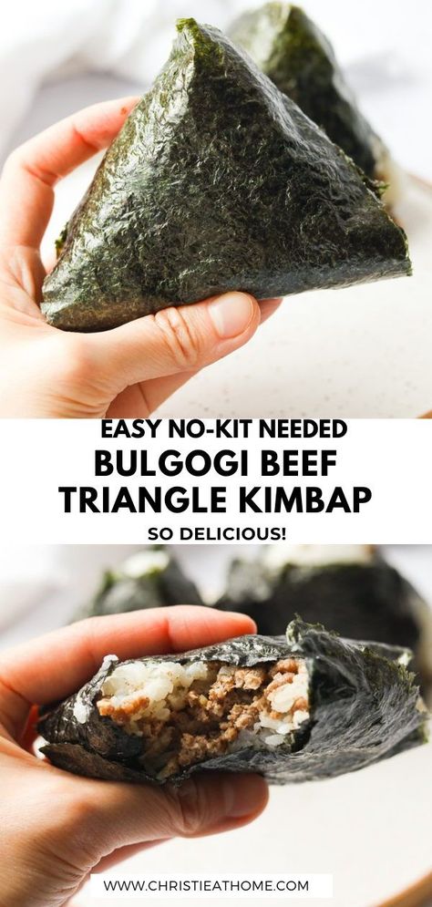 Bulgogi Beef Triangle Kimbap. Korean bulgogi flavoured ground beef wrapped in rice and crunchy sheet of seaweed. Simple, delicious, filling and totally satisfying. Great for breakfast, a snack, picnics or a quick lunch to take on the go! #kimbap recipe easy #korean food aesthetic snack #korean sushi kimbap #easy korean recipes #korean beef bulgogi recipe #ground beef bulgogi recipe #authentic asian recipes #asianrecipes #asianfood #koreanfood #koreanrecipes Easy Bulgogi, Food Inspiration Aesthetic, Triangle Kimbap, Koreansk Mad, Asain Food, Korean Bulgogi, Roasted Seaweed, Easy Korean Recipes, Bulgogi Recipe