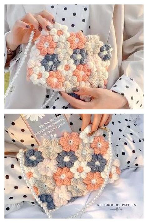 Flower Bag Free Crochet Pattern Purse Patterns Free, Tote Crochet, Crochet Puff Flower, Crochet Purse Pattern Free, Free Crochet Bag, Crochet Bag Pattern Free, Bag Pattern Free, Crochet Clutch, Crochet Purse Patterns