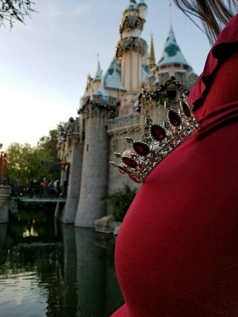 Disney Maternity Photos, Castle Maternity Shoot, Disney Maternity Photoshoot, Disney Maternity, Maternity Photography Outdoors, Sleeping Beauty Castle, Maternity Pics, Disney Castle, Baby Princess