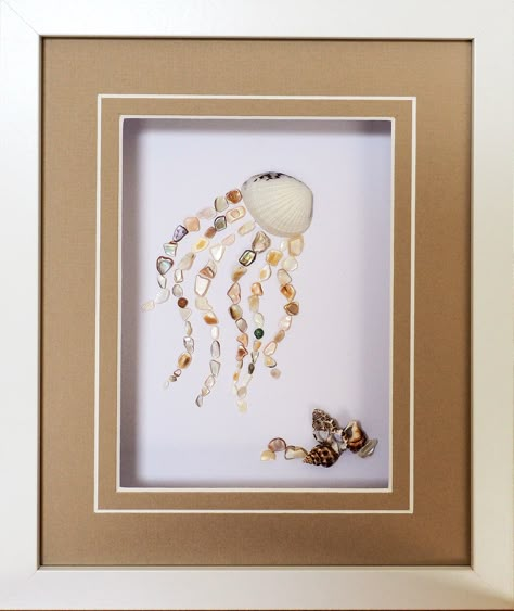 Fish Shell Art, Art With Shells Seashells Diy Ideas, Shell Collage Art, Limpet Shell Art, Seashell Shadow Box Ideas Diy, Tiny Shell Art, Seashell On Canvas, How To Display Shells, Shell Decorating Ideas