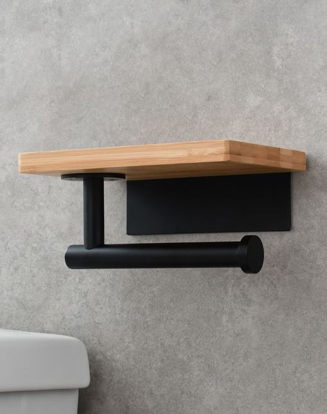 Tecmolog Rustproof Matte Black Wall Mount Toilet Paper Holder with Wood Shelf - Self Adhesive for Bathroom #Paperholder #Toilet #Bathroom https://www.sanitarya.com/products/sbh263b Toilet Paper Holder Metal, Toilet Holder Ideas, Tp Holder Diy, Wooden Toilet Paper Holder, Wood Toilet Paper Holder, Black Toilet Paper Holder, Matte Black Wall, Toilet Paper Holder Wall, Wall Mount Toilet