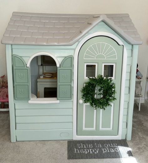 Sage Green Playhouse, Playhouse Upgrade, Plastic Playhouse Makeover, Little Tikes Playhouse Makeover, Painted Playhouse, Diy Playhouse Makeover, Backyard Playhouse Ideas, Toy Makeover, Plastic Playhouse