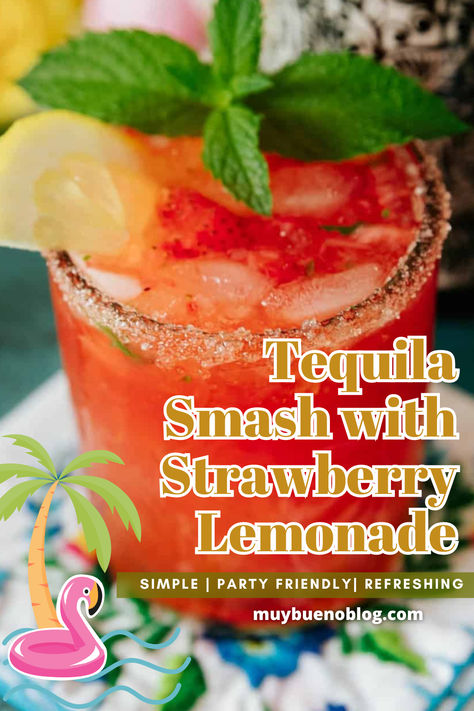 Tequila Smash With Strawberry Lemonade is tart, sweet, refreshing and carries a punch of booze in each sip. This is a wonderful summer friendly cocktail for adults only. Give this tequila and lemonade cocktail a try today. Lemonade Tequila Cocktail, Strawberry Cocktails Recipes, Fruity Tequila Drinks, Tequila Smash, Tequila Punch, Strawberry Cocktail Recipe, Tequila And Lemonade, Bueno Recipes, Strawberry Cocktails