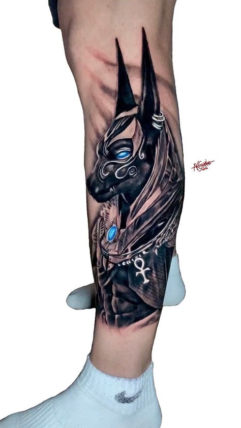 Anubis Leg Tattoo, Anubis Tattoo Egyptian Mythology, Dubstep Tattoo, Tattoo Anubis, Yugioh Tattoo, Bastet Tattoo, Egyptian Eye Tattoos, Men's Tattoos, Japanese Tattoos For Men