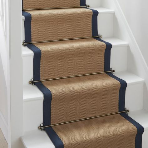 Navy Stair Runner, Stair Hallway Decor, Stairs And Landing Decor, Stair Carpet Ideas, Stair Landing Decor, Sisal Stair Runner, Stairs And Hallway Ideas, Landing Decor, Diner Kitchen