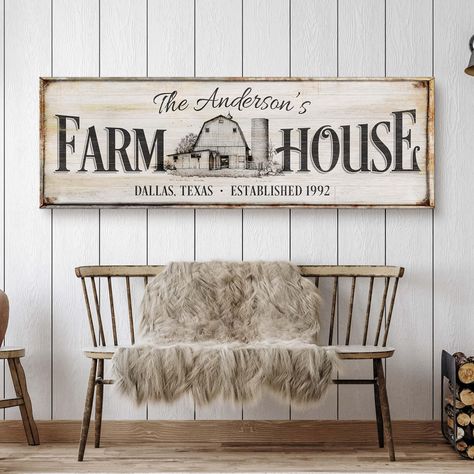 Embrace country life with the modern-rustic blend of our classic Personalized Farmhouse Sign décor! Explore the vintage frame depths of this farm wall art and tailor your brand into its weathered personalized farm sign canvas. Hurry! CHECKOUT this modern farmhouse custom family name sign and enjoy the relaxing peace and happy memories of the countryside. Very Customizable  Custom-made! Print your name, family name, or anything at all! Send us ANY design request and we'll personalize it just for Name Established Sign, Farm Wall Art, Simple Setup, Wall Art Farmhouse, Name Canvas, Established Sign, Farm Signs, Farmhouse Wall Art, Farmhouse Sign