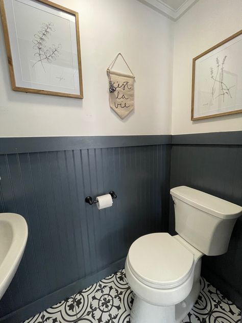 Powder Room Refresh, Leftover Tile, Small Half Bath, Paneling Makeover, Beadboard Bathroom, Beadboard Wainscoting, Wainscoting Bathroom, Bathroom Paneling, Pattern Tile