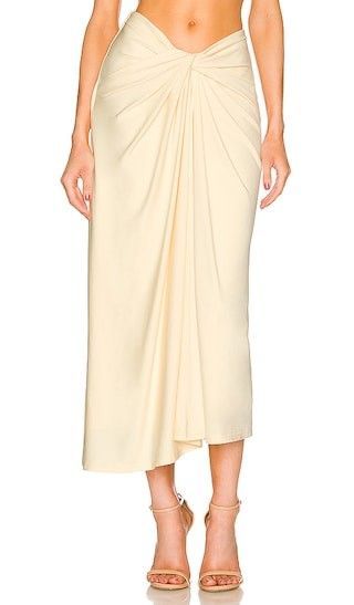 Liana Skirt in Butter | Revolve Clothing (Global) Drape Skirt Outfit, Design Offices, European Summer Outfits, Cream Yellow, Designer Drapes, Runway Trends, Midi Skirts, Creative Team, European Summer