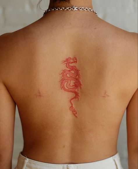 Dragon Tattoo Back, Red Dragon Tattoo, Small Dragon Tattoos, Chinese Dragon Tattoos, Dragon Tattoo For Women, Small Pretty Tattoos, Spine Tattoos For Women, Red Ink Tattoos, Red Tattoos