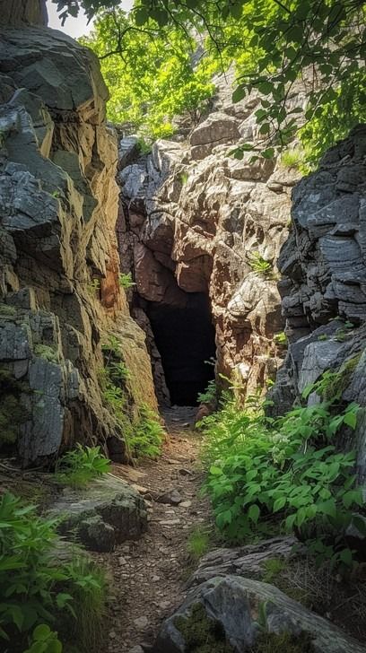 Nestled within a cradle of ancient rocks, a cave's mouth lies shrouded in mystery beneath a canopy of green. Dappled sunlight filters through the leaves, casting a warm glow on the stoic grey stones that have stood timeless through the eras. This secluded spot, quietly tucked away from the world's prying eyes, invites the inquisitive souls to explore the secrets it has harbored in the quiet solitude of nature. Nature And Environment Art, Cave Entrance Illustration, Enviroments Reference Photo, Cave Entrance Concept Art, Fantasy Cave Entrance, Cave In Forest, Caves Aesthetic, Aesthetic Cave, Cave Opening