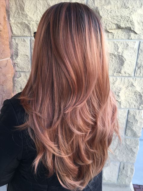 Pop Of Color Brunette Hair, Balayage, Desert Rose Hair Color, Medium Length Rose Gold Hair, Rose Gold Hair With Dark Roots, Rose Gold Highlights On Brown Hair, Rose Gold Hair Asian, Long Rose Gold Hair, Peach Hair Color Rose Gold