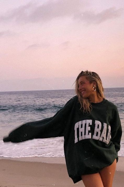 Aura Clothing, Beach Sweatshirt, San Diego Travel, Night Swimming, Beach Photography Poses, Green Sweatshirt, Granola Girl, Oversized Sweatshirt, Beach Photography