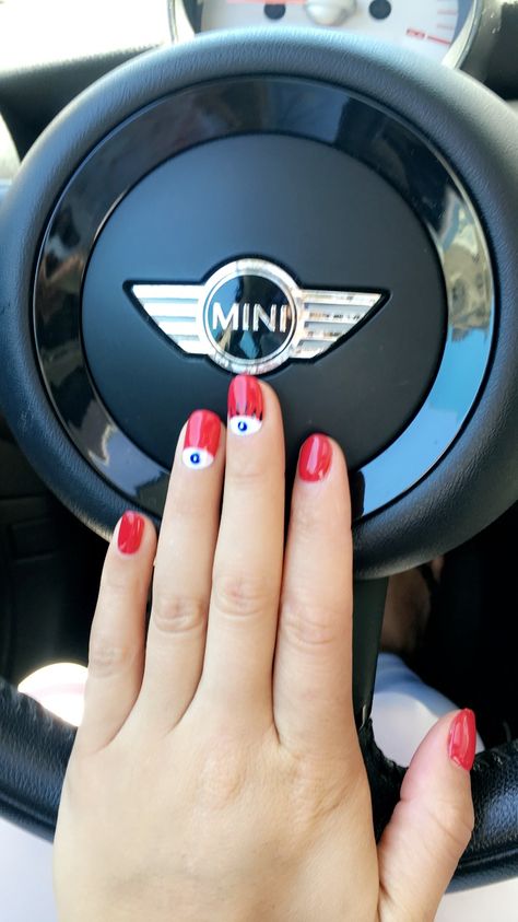 Red nails with evil eye design Evil Eye Red Nails, Evil Eye Nails Red, Red Nails With Evil Eye, Red Evil Eye Nails, Evil Eye Nails, Evil Eye Design, Nail Envy, I Feel Pretty, Minimalist Nails