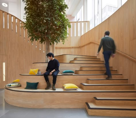 Interior Design Exhibition, Tiered Seating, Timber Staircase, Traditional Desk, Garden Levels, Office Floor, Design Exhibition, Wooden Staircases, Creative Hub