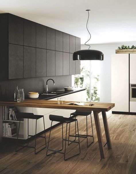 The kitchen ‘work triangle’ was developed during the 1940s to increase efficiency. It referred to triangle of between the cooker, the sink and the fridge. Peninsula Kitchen Design, Kitchen Bar Design, Kitchen Peninsula, Kitchen Bar Table, Kitchen Desks, 38 Super, Minimalist Kitchen Design, Bar Storage, Small Space Kitchen