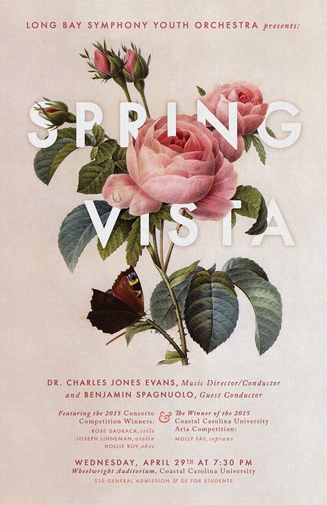 A poster design for Long Bay Symphony Youth Orchestra's "Spring Vista" Performance. Event Posters, Flower Typography, Flower Text, Typography Designs, Floral Typography, Poster Fonts, Typography Layout, Trendy Flowers, Floral Poster