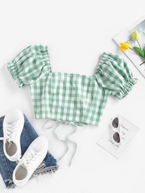 ZAFUL Gingham Puff Sleeve Backless Lace Up Blouse - Light Green S Lace Up Blouse, 2022 Outfits, Gingham Blouse, Random Clothes, Tight Dress Outfit, Summer Outfits For Teens, Fashion Top Outfits, Dress Classy, Cropped Blouse