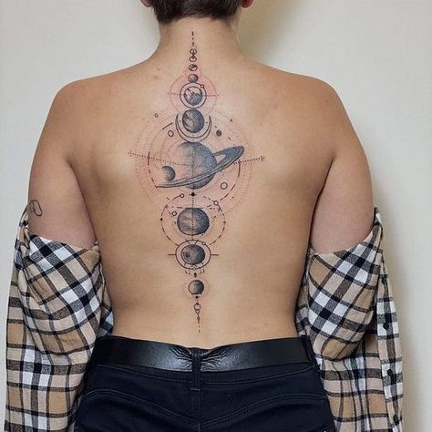 Solar System Tattoo. Flower Spine Tattoos, Solar System Tattoo, Planet Tattoos, Small Pretty Tattoos, Silhouette Tattoos, Petite Tattoos, Spine Tattoos For Women, Floral Tattoo Sleeve, Red Ink Tattoos