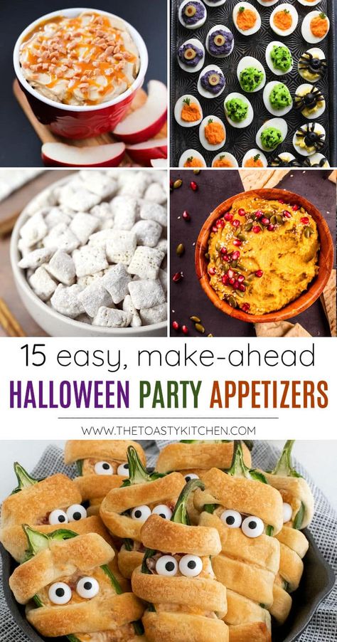 Easy Party Appetizers Halloween, Halloween Treats To Bring To A Party, Halloween Party On A Budget Food, Halloween Themed Party Dips, Cheap Halloween Appetizers For Party, Halloween Party Small Bites, Halloween Snacks For Adults Easy, Easy Halloween Appetizers For Adults, Appetizer Halloween Party