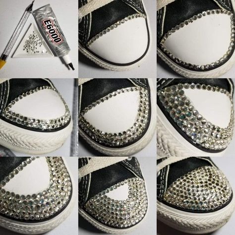 Quince Converse, Bedazzled Converse, Upcycle Shoes, Personalized Converse, Rhinestone Converse, Bedazzled Shoes Diy, Diy Rhinestone Crafts, Rhinestone Sneakers, E6000 Glue