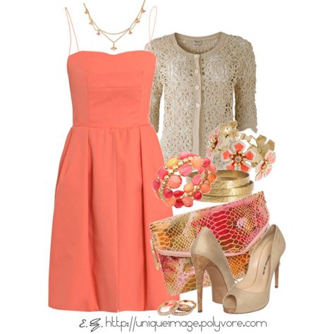 As long as the dress is long enough, I love love love this outfit! I love the jewelry and the cardigan! Coral Dress Outfit, Tea Attire, Capsule Dressing, Beige Maxi Dresses, Coral Dress, Spring Fling, Complete Outfits, Dress Outfit, Fashion House