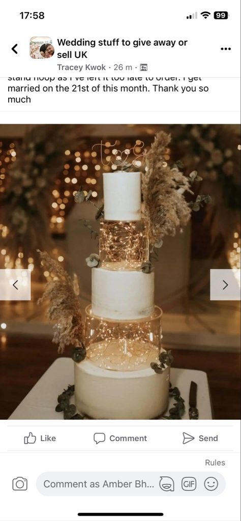 Nye Wedding Cake Ideas, Gold Foil On Cake, Wedding Cake Fairy Lights, Wedding Cake With Lights Inside, Wedding Cake With Fairy Lights, Wedding Cakes With Lights, Light Up Wedding Cake, Fairy Light Cake, Wedding Cake With Lights