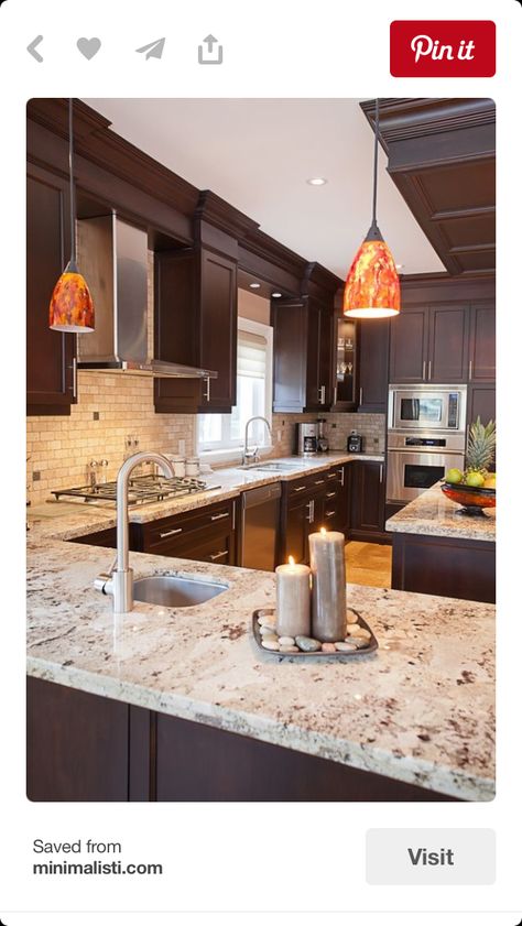 Red Mahogany Kitchen Cabinets, Counter Backsplash, Red Lamps, Cherry Wood Kitchens, Cherry Wood Cabinets, Light Granite, Dark Wood Cabinets, Brown Cabinets, Cherry Cabinets