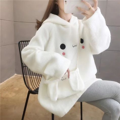 ♡ Material: Polyester♡ Size Information: Please see size chart from the last picture♡ Machine Wash Light with Cold Water; Machine Dry♡ Order Processing Time: 7 business days Bunny Hoodie, Bunny Bags, Hooded Pullover, Outfit Casual, White Hoodie, Winter Looks, Cardigan Jacket, White Sweaters, Y2k Fashion