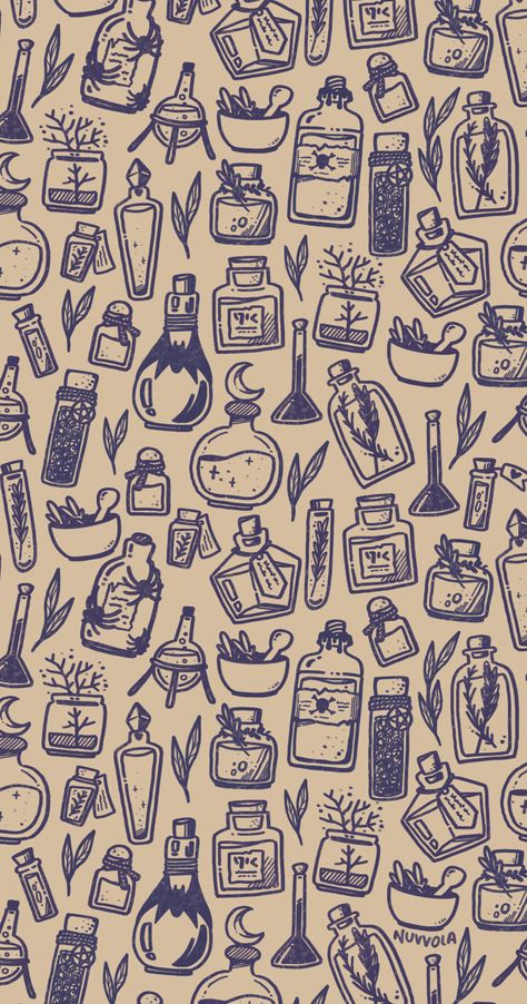 An illustrated repeat pattern design of various bottles of potions and herbs. Medieval, fantasy look with a large variety of forms, shapes and decorations. light brown background and dark blue, aged looking lineart Witch Drawings Simple, Herbalist Aesthetic Wallpaper, Apothecary Phone Wallpaper, Magic Themed Tattoo, Potions Aesthetic Drawing, Simple Potion Bottle Tattoo, Simple Dnd Art, Simple Potion Bottle Tattoo Design, Herbs Drawing Simple