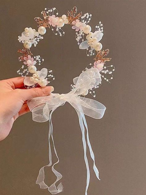 1pc Girls Faux Pearl & Flower Decor Fashion Hair Band For Party | SHEIN USA Flower Head Wreaths, Hair Braiding Tool, Beaded Crown, Ribbon Crafts Diy, Beads Craft Jewelry, Wedding Crafts Diy, Hair Accessories Pearl, Flower Girl Hairstyles, Sketches Dresses