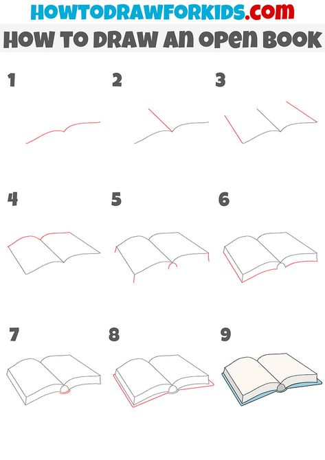 How To Paint An Open Book, Draw Books Step By Step, How To Draw A Bible Step By Step, Drawing An Open Book, How To Draw Books Easy, Draw A Book Step By Step, How To Draw Bookshelf, How To Draw An Open Book Step By Step, Book Doodles Easy