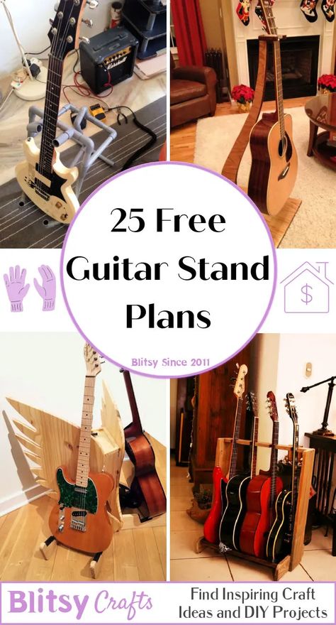 25 Free DIY Guitar Stand Plans To Make One Yourself Multiple Guitar Stand, Diy Guitar Stand, Hanging Guitars, Wood Guitar Stand, Wooden Guitar Stand, Guitar Storage, Guitar Rack, Guitar Room, Guitar Stands