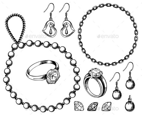 Bijouterie set vector ink hand drawn illustration isolated on white background. Ring, necklace, earrings, pendant, bracelet doodle Drawn Accessories, Decorative Symbols, Jewelry Logo Ideas, Accessory Illustration, Accessories Design Sketch, Odd Art, Small Earrings Gold, Necklace Drawing, Jewelry Template