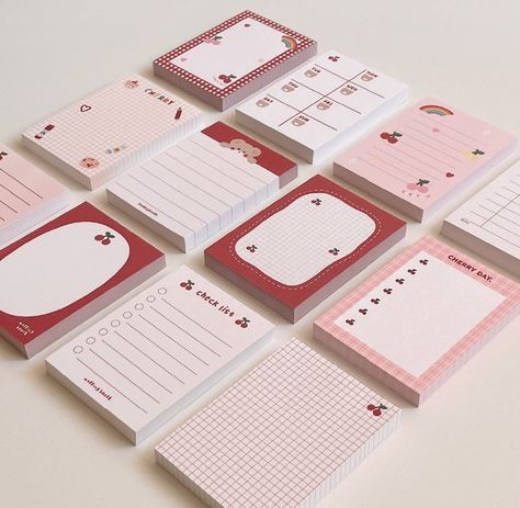 Cute Stationery Paper, Cherry Notebook, Kawaii Notepad, Cherry Palette, Notepad Design, Hadiah Diy, Memo Pad Design, Pretty School Supplies, Stationery Cute