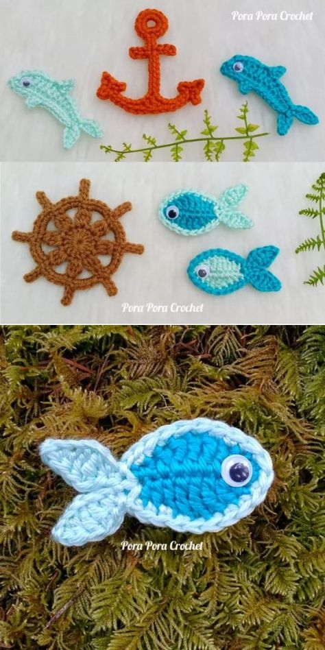 Free Crochet Applique Patterns Animals, Sea Crochet Pattern Free, Crochet Sea Applique, Crochet Anchor Pattern Free, Sea Crochet Pattern, Sea Creatures Crochet Pattern Free, Crochet Fish Pattern Free Easy, Free Crochet Fish Patterns, Crochet Starfish Free Pattern