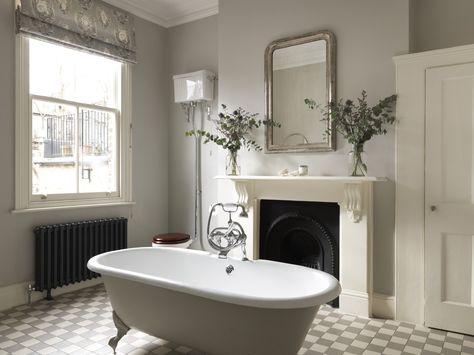 Grey luxury bathroom with roll top bath painted in French grey paint by little greene company Interior Design Office Studio, Grey Bathrooms Designs, Norfolk House, Bathrooms Luxury, Colefax And Fowler, Victorian Bathroom, Roll Top Bath, South Devon, Freestanding Bath