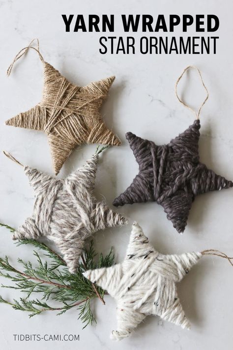 How to Make Yarn Wrapped Star Ornaments for Christmas - Tidbits Stick Stars Christmas, Yarn Wrapped Initial Ornaments, Diy Christmas Ornaments From Old Clothes, Wrapped Yarn Ornaments, Yarn Crafts Christmas Easy Diy, Twine Wrapped Ornaments, Yarn Stars Ornament, Diy Winter Ornaments, Homemade Christmas Star Tree Topper