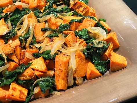 Kale Recipes Sauteed, Sweet Potatoes And Kale, Red Sweet Potato, Potatoes And Kale, Fried Kale, Sweet Potato Patties, Oven Roasted Sweet Potatoes, Celery Recipes, Baked Kale