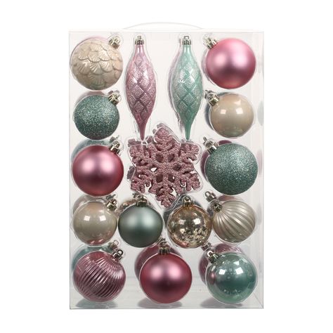 40 Pack Gala Mixed Shatterproof Ornaments by Ashland® Pastel Christmas Tree Ornaments, Marshmallow World Decor, Ornaments For Pink Christmas Tree, Pink Teal Christmas Tree, Shatterproof Christmas Ornaments, Iridescent Christmas Tree Decorations, Champagne Christmas Decor, Pink And Green Christmas Decor, Pink And Green Christmas Tree