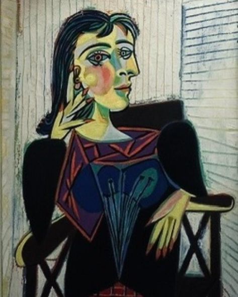 "Portrait of Dora Maar" is a renowned painting by Pablo Picasso, created in 1937. Dora Maar was a French photographer, poet, and painter, who was also Picasso's lover and muse during the 1930s. The painting is a vivid portrayal of Maar and is an excellent example of Picasso's cubist style, where he deconstructs and reassembles the human form in an abstract way. In this portrait, Dora Maar is depicted with a small, tilted face, a sharp profile, and features that are simultaneously frontal and... Picasso Cubism, Picasso Portraits, Dora Maar, Art Picasso, Afrikaanse Kunst, Picasso Paintings, Alberto Giacometti, Picasso Art, Spanish Artists