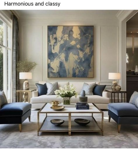 Modern Elegant Living Room Luxury, Luxury Sitting Room Ideas, Living Room Designs Art Deco, Modern Theme Living Room, Living Room Designs Couch And Two Chairs, Blue White Green Living Room, Formal Sitting Room Ideas Luxury, Black White Blue Living Room, Luxury Blue Living Room