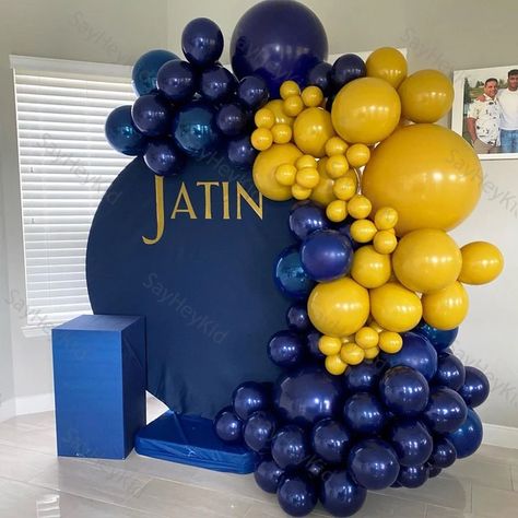 107pcs Navy Blue Balloons Garland Kit Mustard Yellow Balloons for Wedding Birthday Graduation Party Background Decorations _ - AliExpress Mobile Blue And Yellow Balloon Arch, Ucla Party, Graduation Party Background, Balloon Ceiling Decorations, Navy Blue Balloons, Yellow Party Decorations, Balloon Decoration Ideas, Yellow Birthday Parties, Balloons For Wedding